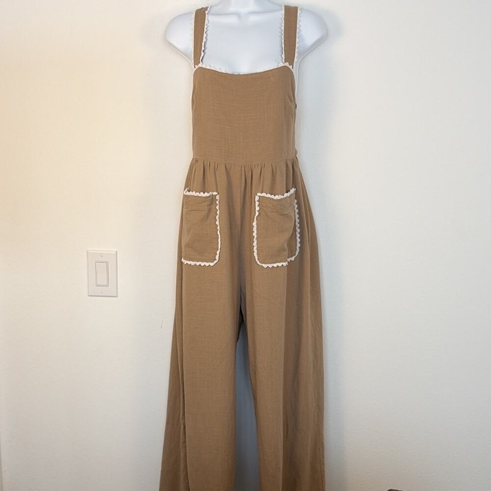VICI Women's Brown Rayon Linen Wide-Leg apron Jumpsuit M Lace Pockets